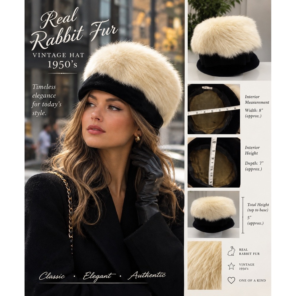 VTg 1950s Real Rabbit Fur Pillbox Hat Black Velvet Cream Winter 50s Glam